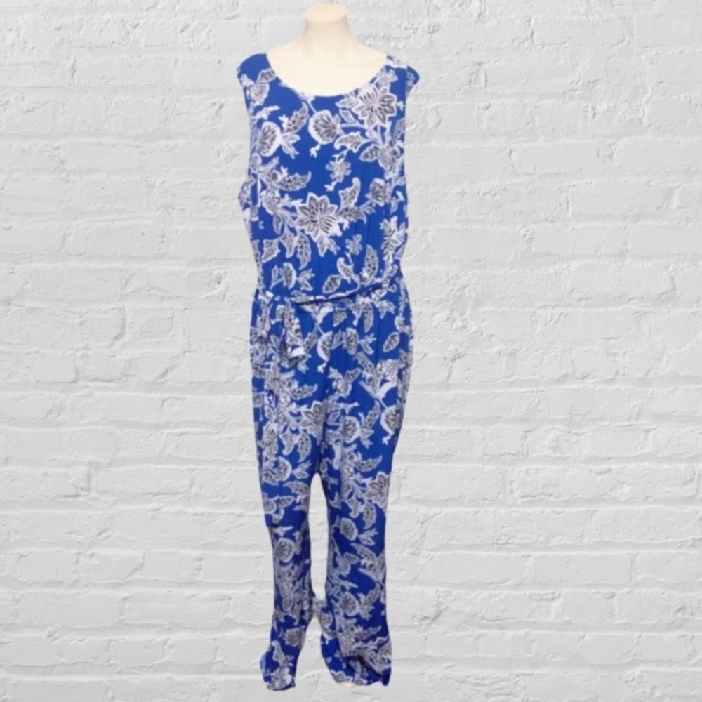 Vince Camuto Blue and White Floral Print Sleeveless Jumpsuit Size 2X - Picture 3 of 13